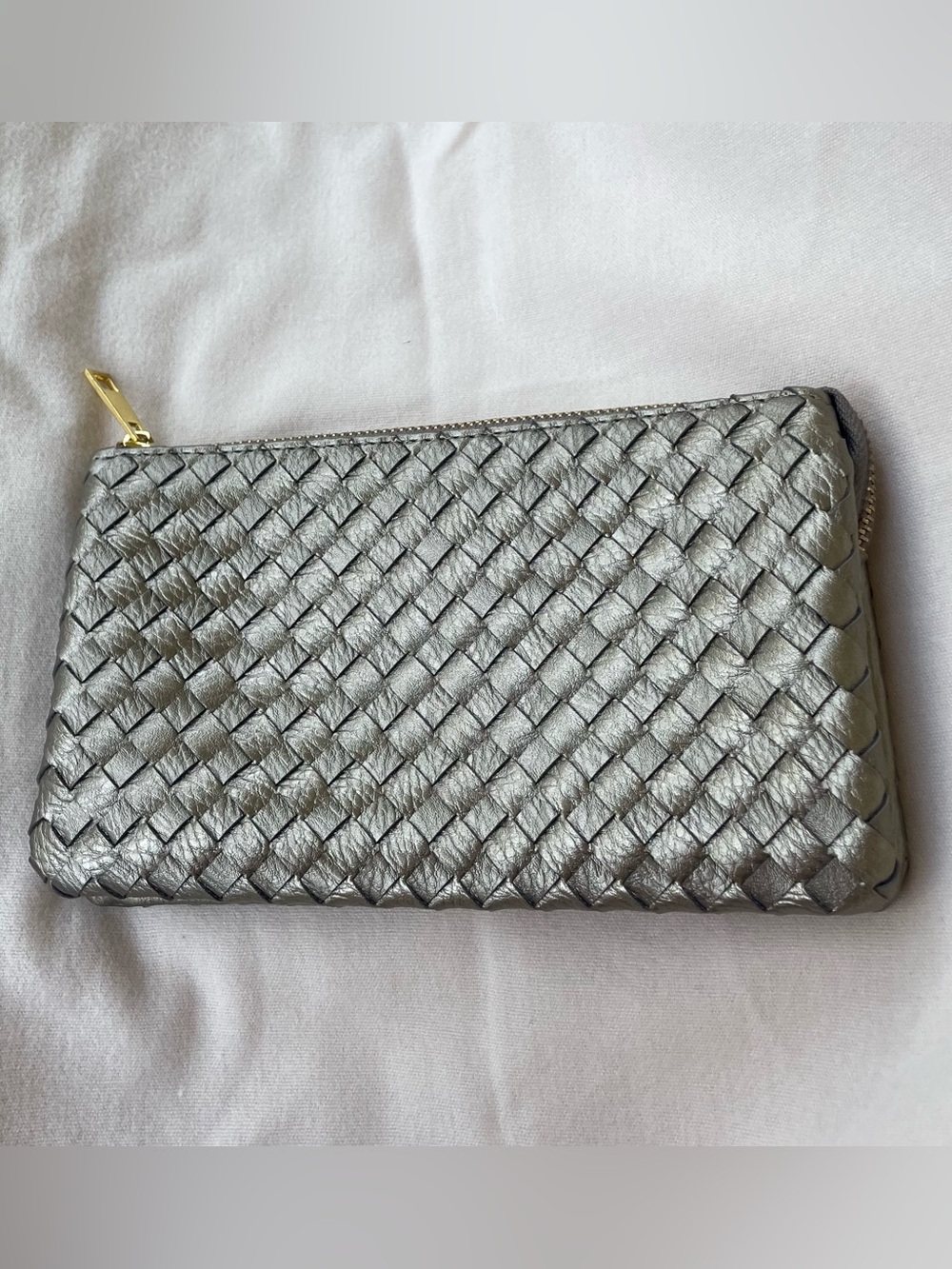 Metallic Silver Woven Leather Zip Pouch Clutch
